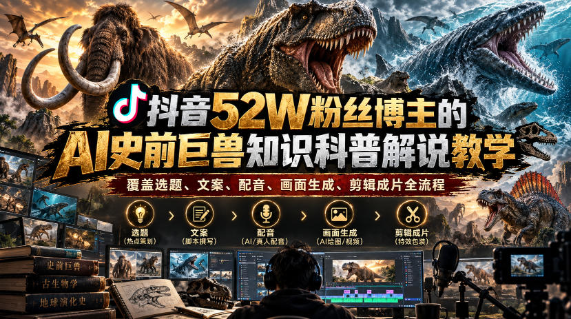 抖音52W粉丝博主的AI史前巨兽知识科普解说教学，覆盖选题、文案、配音、画面生成、剪辑成片全流程网赚项目-副业赚钱-互联网创业-资源整合老八网赚资源