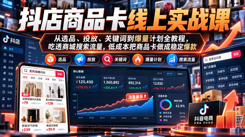 抖店商品卡线上实战课｜从选品、投放、关键词到爆量计划全教程，吃透商城搜索流量，低成本把商品卡做成稳定爆款网赚项目-副业赚钱-互联网创业-资源整合老八网赚资源