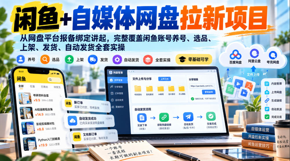 caba890990c8b2bce0409297e4993cd2.jpeg 闲鱼+自媒体网盘拉新项目,从网盘平台报备绑定讲起,完整覆盖闲鱼账号养号、选品、上架、发货、自动发货全套实操