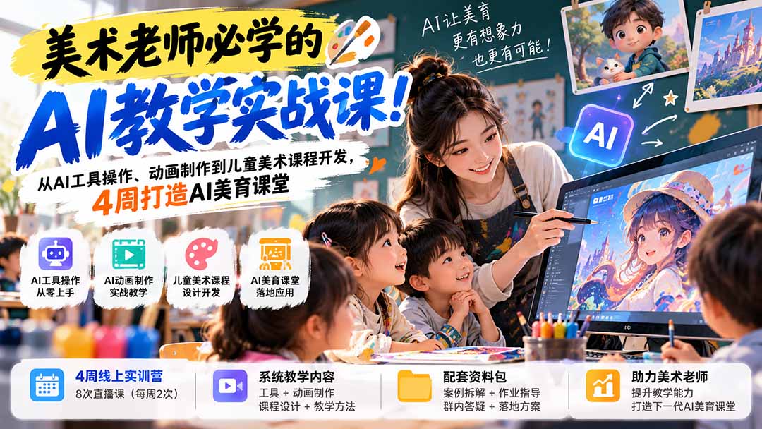 美术老师必学的AI教学实战课！从AI工具操作、动画制作到儿童美术课程开发，4周打造AI美育课堂