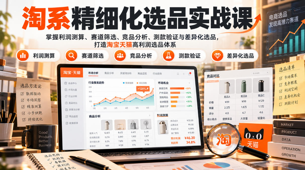 货架电商精细化选品实战课：掌握利润测算、赛道筛选、竞品分析、测款验证与差异化选品，打造淘宝天猫高利润选品体系网赚项目-副业赚钱-互联网创业-资源整合老八网赚资源