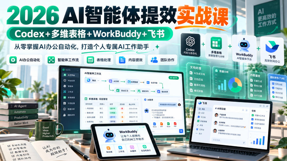 2026 AI智能体提效实战课：Codex+多维表格+WorkBuddy+飞书，从零掌握AI办公自动化，打造个人专属AI工作助手网赚项目-副业赚钱-互联网创业-资源整合老八网赚资源