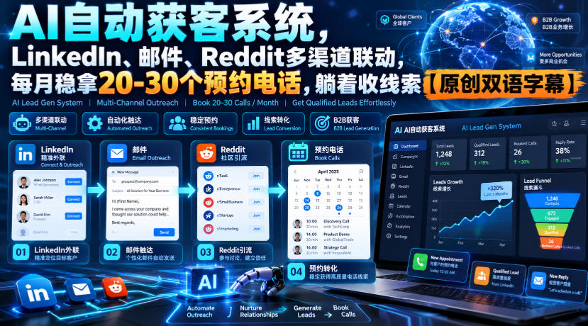 55f498142a0f61387fe2dfad0036b2b4.jpeg 【无水印】AI自动获客系统,LinkedIn、邮件、Reddit多渠道联动,每月稳拿20-30个预约电话,躺着收线索【原创双语字幕】