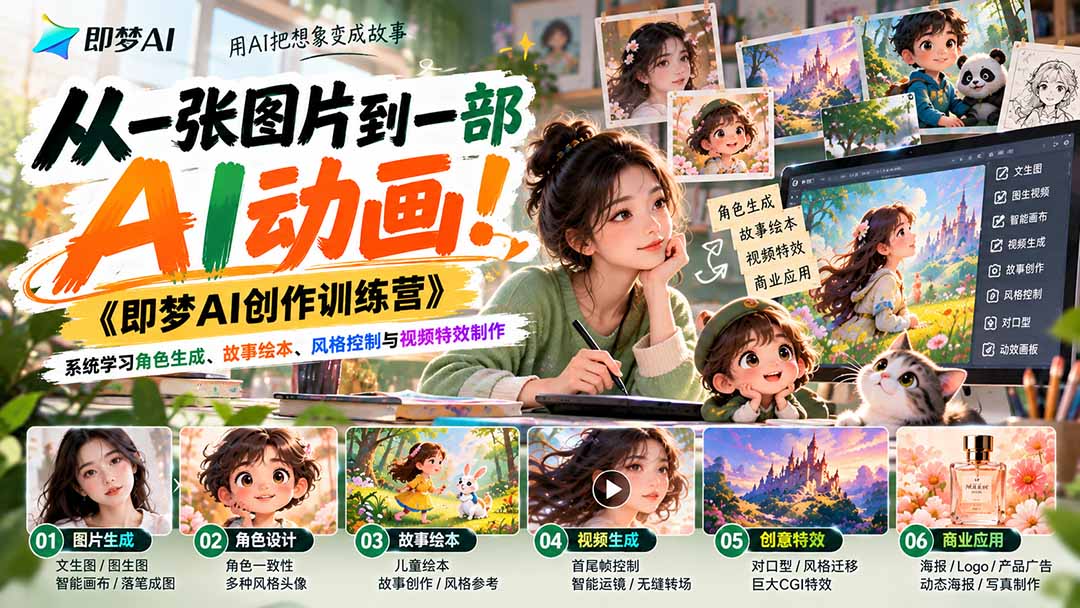 【无水印】从一张图片到一部AI动画！《即梦AI创作训练营》系统学习角色生成、故事绘本、风格控制与视频特效制作网赚项目-副业赚钱-互联网创业-资源整合老八网赚资源