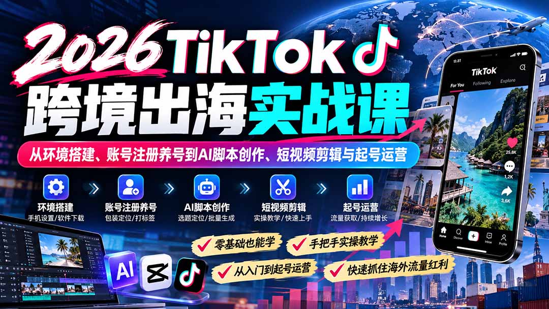 6d850f839161dc27472dd105bcd130ca.jpeg 2026TikTok跨境出海实战课:从环境搭建、账号注册养号到AI脚本创作、短视频剪辑与起号运营