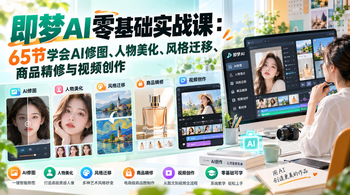 即梦AI零基础实战课：65节学会AI修图、人物美化、风格迁移、商品精修与视频创作网赚项目-副业赚钱-互联网创业-资源整合老八网赚资源