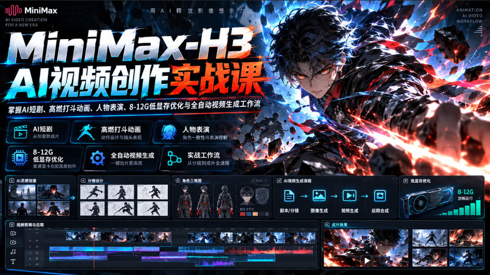 975ccf6e83546b6fef47da224adc3afe.jpeg MiniMax-H3 AI视频创作实战课,掌握AI短剧、高燃打斗动画、人物表演、8-12G低显存优化与全自动视频生成工作流