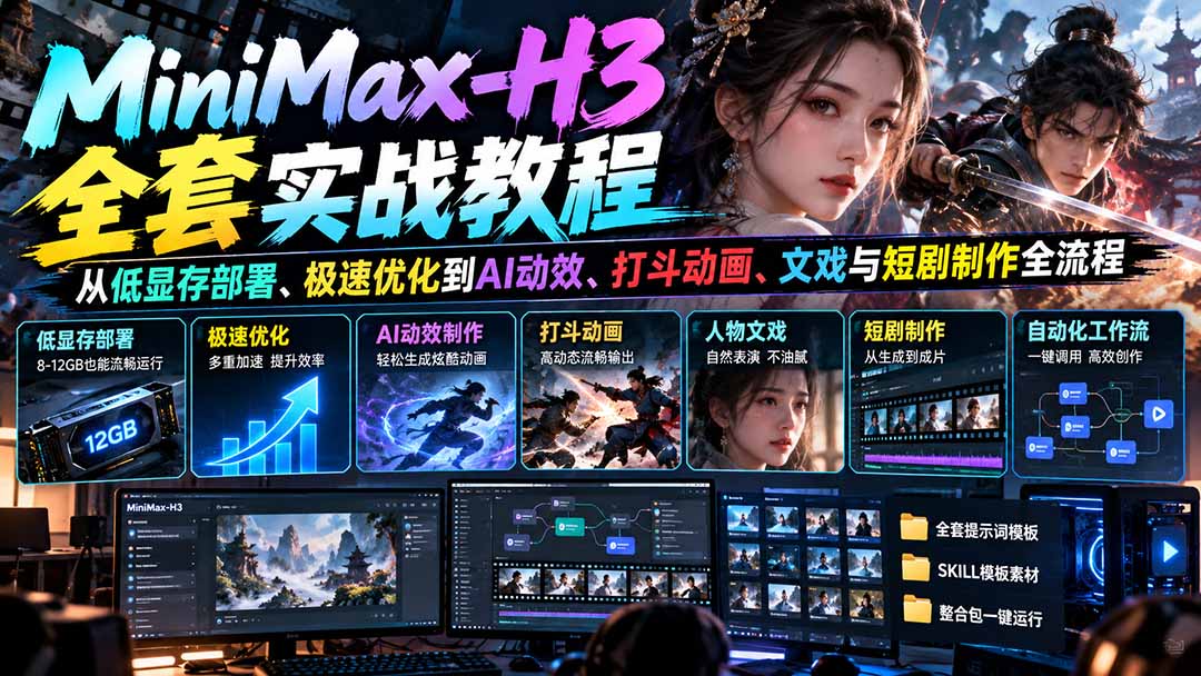 MiniMax-H3全套实战教程：从低显存部署、极速优化到AI动效、打斗动画、文戏与短剧制作全流程