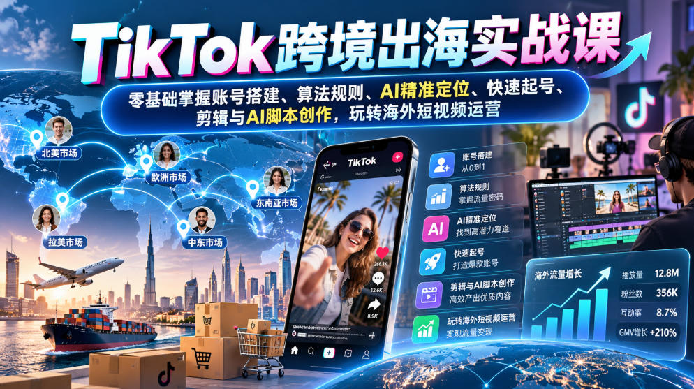 b47a823b3a0d7553047e3cce6cb97b48.jpeg TikTok跨境出海实战课:零基础掌握账号搭建、算法规则、AI精准定位、快速起号、剪辑与AI脚本创作,玩转海外短视频运营