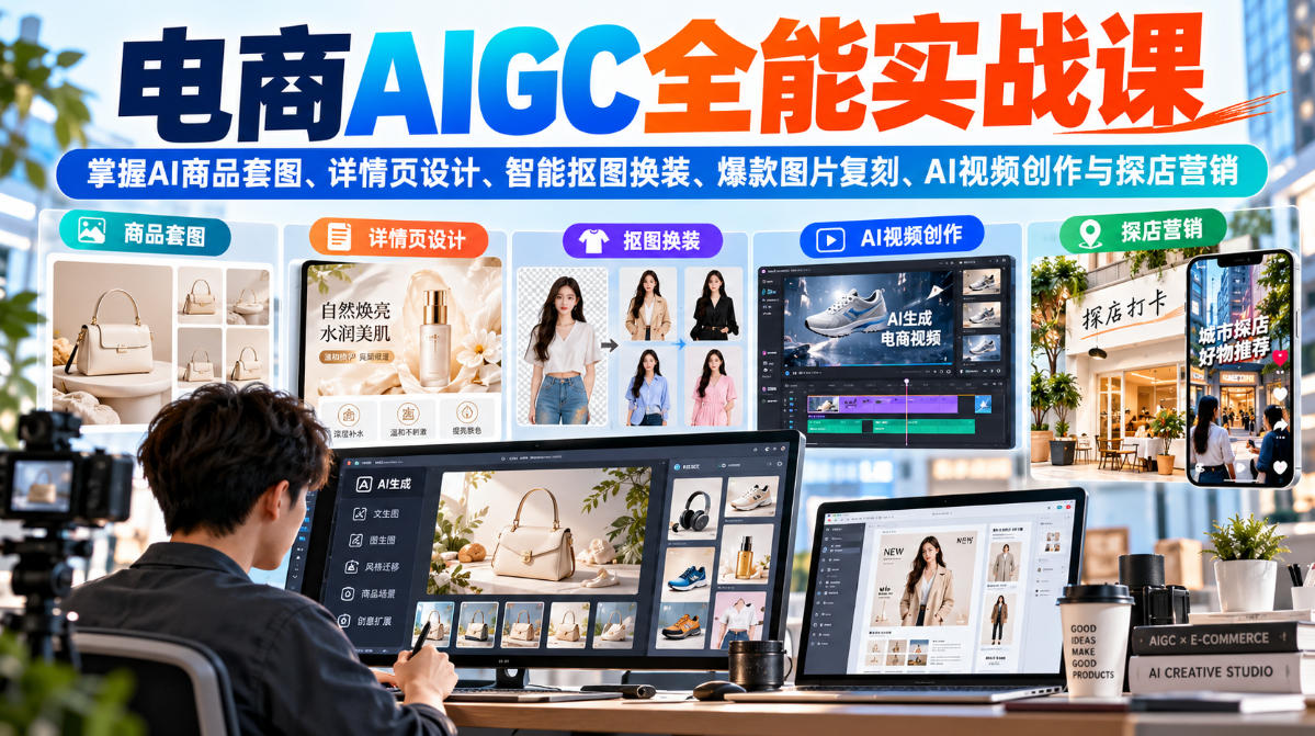 d5cf012b9fe0066fdac3dfad5f810a00.jpeg 电商AIGC全能实战课:掌握AI商品套图、详情页设计、智能抠图换装、爆款图片复刻、AI视频创作与探店营销