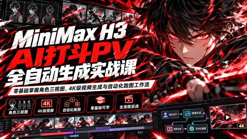 MiniMax H3 AI打斗PV全自动生成实战课：零基础掌握角色三视图、4K级视频生成与自动化跑图工作流网赚项目-副业赚钱-互联网创业-资源整合老八网赚资源