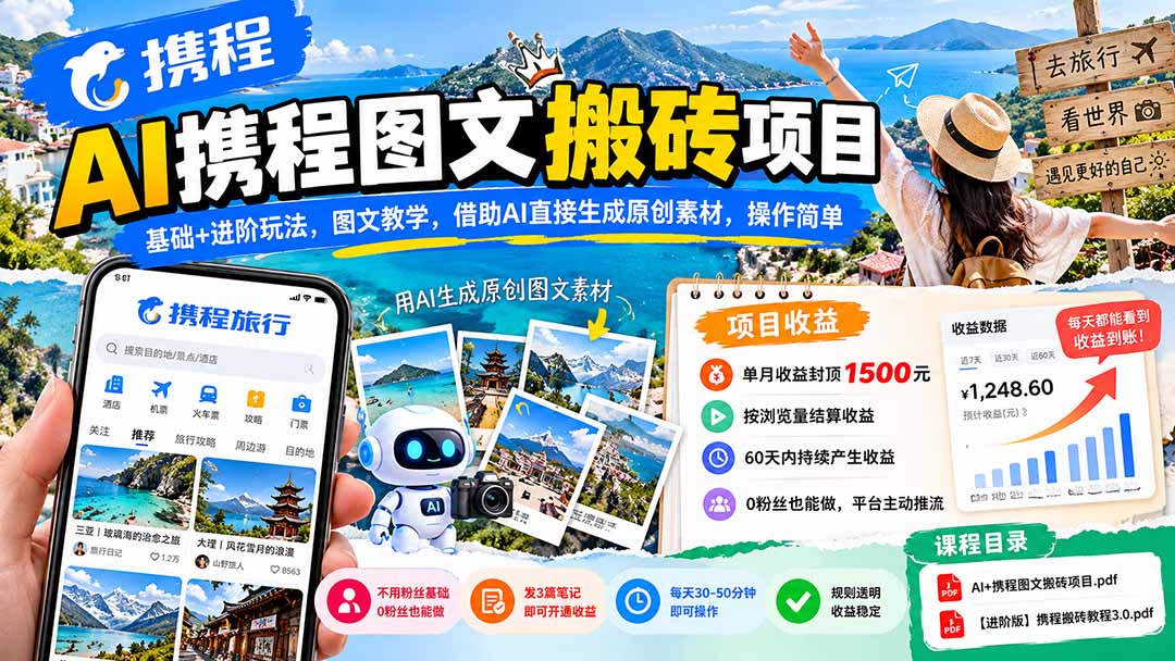 AI携程图文搬砖项目，基础+进阶玩法，图文教学，借助AI直接生成原创素材，操作简单网赚项目-副业赚钱-互联网创业-资源整合老八网赚资源