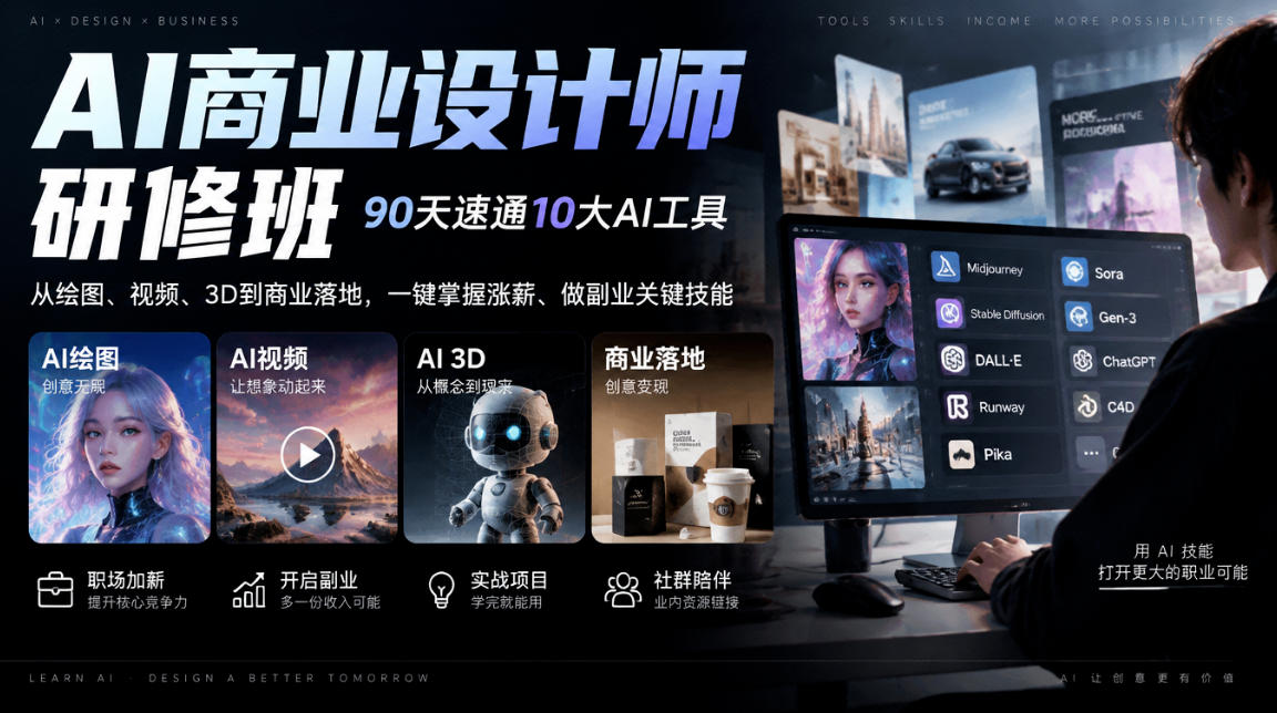 226f668252f4f603899a6c44b0b0795d.jpeg AI商业设计师研修班,90天速通10大AI工具,从绘图、视频、3D到商业落地,一键掌握涨薪、做副业关键技能