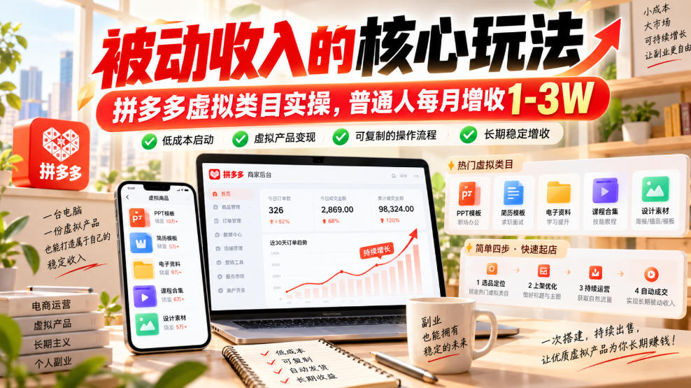 23786110de0812bbe11b40ca5026df2c.jpeg 被动收入的核心玩法,拼多多虚拟类目实操,普通人每月增收1-3W【揭秘】