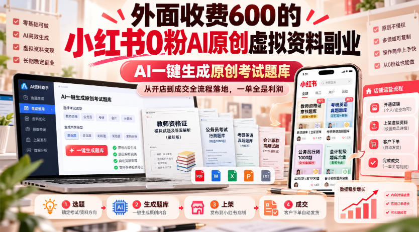外面收费600的小红书0粉AI原创虚拟资料副业，AI一键生成原创考试题库，从开店到成交全流程落地，一单全是利润网赚项目-副业赚钱-互联网创业-资源整合老八网赚资源