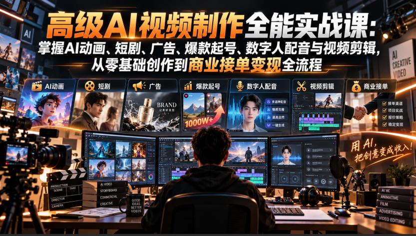 高级AI视频制作全能实战课：掌握AI动画、短剧、广告、爆款起号、数字人配音与视频剪辑，从零基础创作到商业接单变现全流程网赚项目-副业赚钱-互联网创业-资源整合老八网赚资源