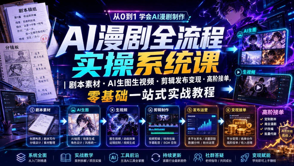 AI漫剧全流程实操系统课｜剧本素材・AI生图生视频・剪辑发布变现・高阶接单，零基础一站式实战教程(更新1027)网赚项目-副业赚钱-互联网创业-资源整合老八网赚资源