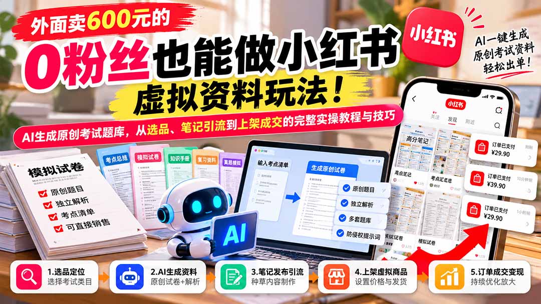 外面卖600元的 零粉丝也能做小红书虚拟资料玩法！AI生成原创考试题库，从选品、笔记引流到上架成交的完整实操教程网赚项目-副业赚钱-互联网创业-资源整合老八网赚资源
