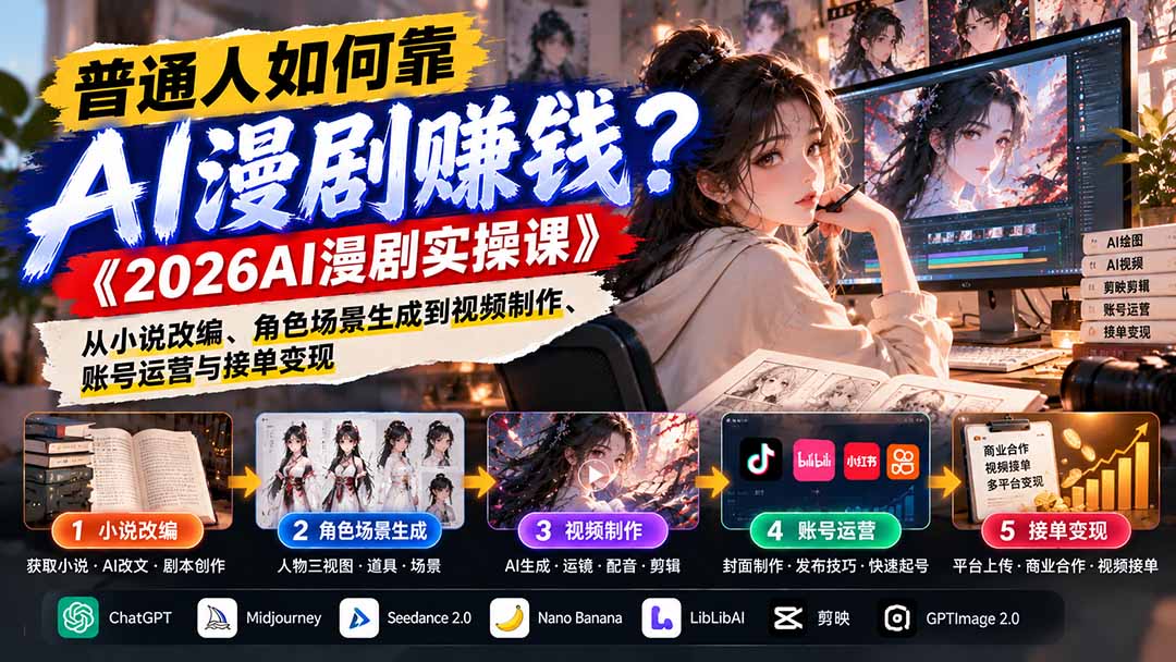 普通人如何靠AI漫剧赚钱？《2026AI漫剧实操课》从小说改编、角色场景生成到视频制作、账号运营与接单变现网赚项目-副业赚钱-互联网创业-资源整合老八网赚资源