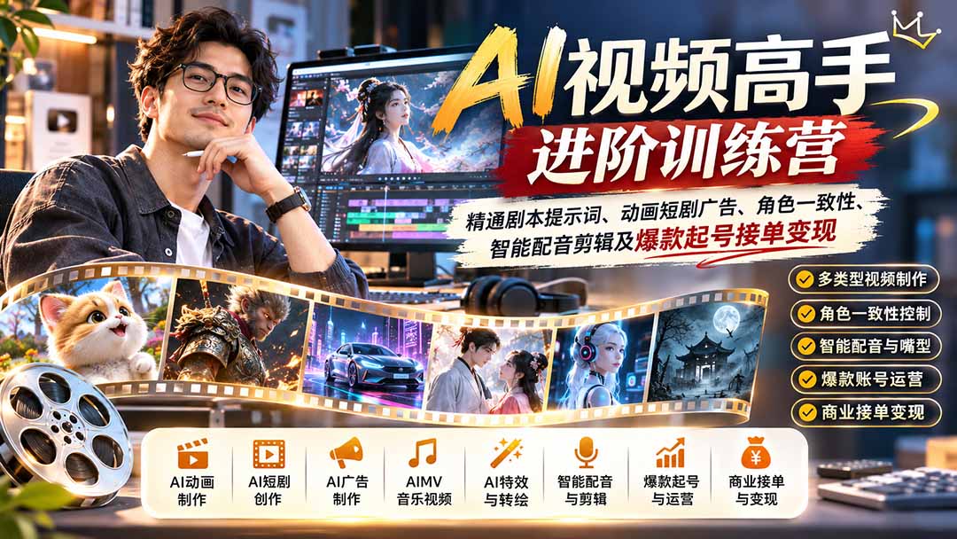 AI视频高手进阶训练营：精通剧本提示词、动画短剧广告、角色一致性、智能配音剪辑及爆款起号接单变现网赚项目-副业赚钱-互联网创业-资源整合老八网赚资源