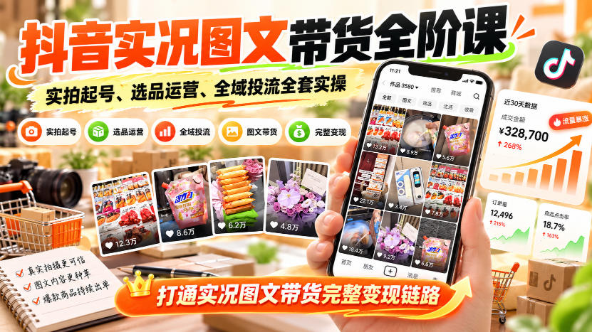 抖音实况图文带货全阶课｜实拍起号、选品运营、全域投流全套实操，打通实况图文带货完整变现链路网赚项目-副业赚钱-互联网创业-资源整合老八网赚资源