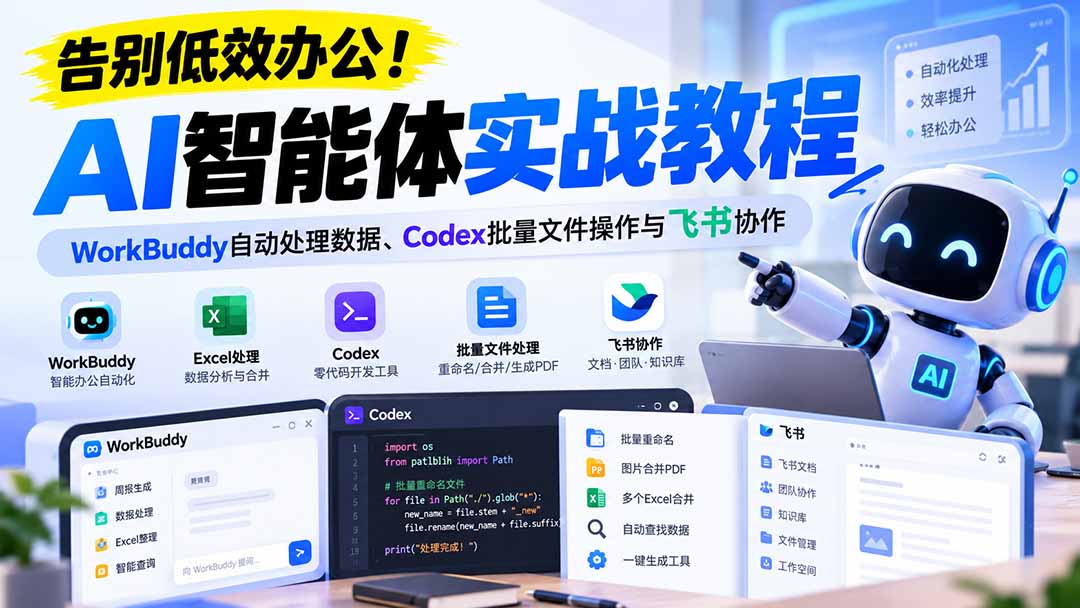 【无水印】告别低效办公！《AI智能体实战教程》WorkBuddy自动处理数据、Codex批量文件操作与飞书协作网赚项目-副业赚钱-互联网创业-资源整合老八网赚资源