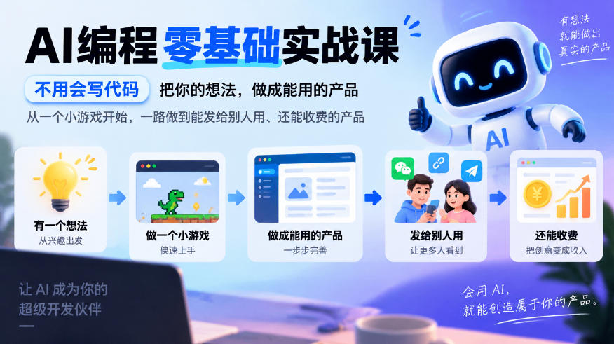19acec08427c64a548e04ea93c874f2c.jpeg AI编程零基础实战课,不用会写代码,把你的想法,做成能用的产品,从一个小游戏开始,一路做到能发给别人用、还能收费的产品