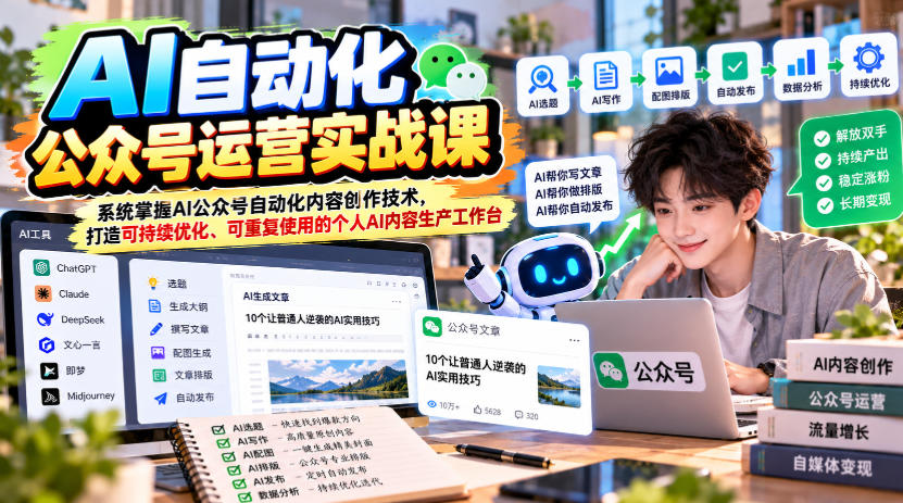 AI自动化公众号运营实战课，系统掌握AI公众号自动化内容创作技术，打造可持续优化、可重复使用的个人AI内容生产工作台网赚项目-副业赚钱-互联网创业-资源整合老八网赚资源
