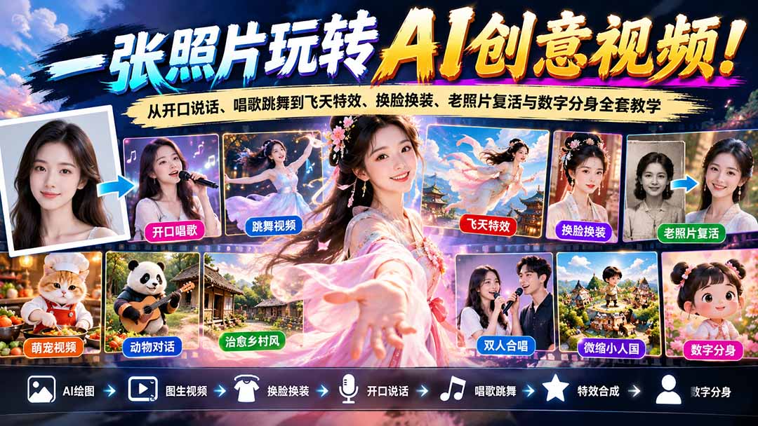 一张照片玩转AI创意视频！从开口说话、唱歌跳舞到飞天特效、换脸换装、老照片复活与数字分身全套教学网赚项目-副业赚钱-互联网创业-资源整合老八网赚资源