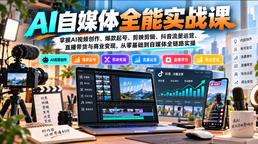 【无水印】AI自媒体全能实战课，掌握AI视频创作、爆款起号、剪映剪辑、抖音流量运营、直播带货与商业变现，从零基础到自媒体全链路实操网赚项目-副业赚钱-互联网创业-资源整合老八网赚资源