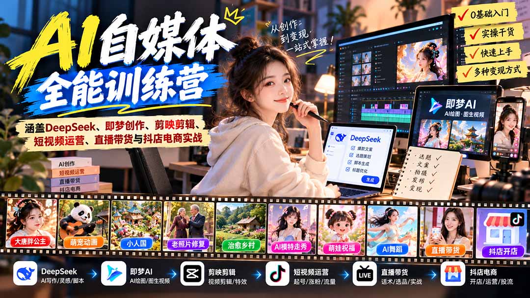 【无水印】AI+自媒体全能训练营：涵盖DeepSeek、即梦创作、剪映剪辑、短视频运营、直播带货与抖店电商实战网赚项目-副业赚钱-互联网创业-资源整合老八网赚资源