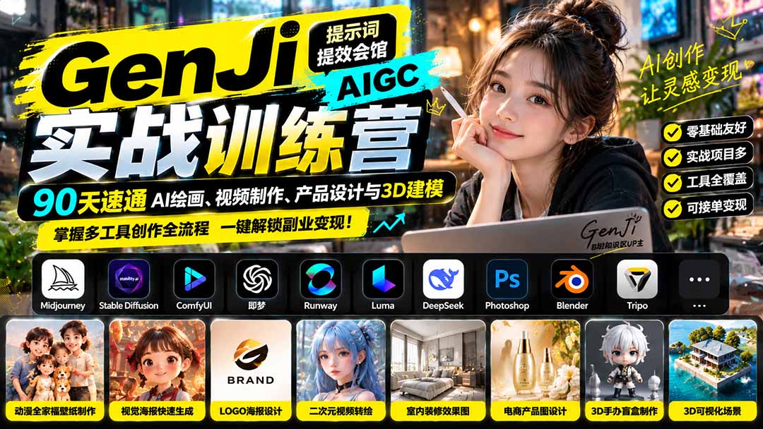 758129bc93335de14436b542f4718931.jpeg GenJi AIGC实战训练营:90天速通AI绘画、视频制作、产品设计与3D建模,掌握多工具创作全流程