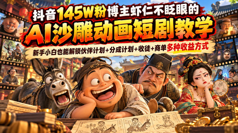 抖音145W粉博主虾仁不眨眼的AI沙雕动画短剧教学，新手小白也能解锁伙伴计划+分成计划+收徒+商单多种收益方式网赚项目-副业赚钱-互联网创业-资源整合老八网赚资源