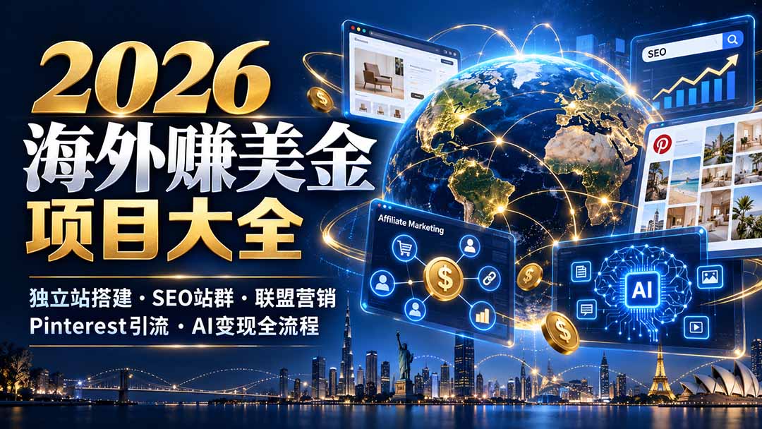 2026海外赚美金项目大全：独立站搭建、SEO站群、联盟营销、Pinterest引流与AI变现全流程网赚项目-副业赚钱-互联网创业-资源整合老八网赚资源