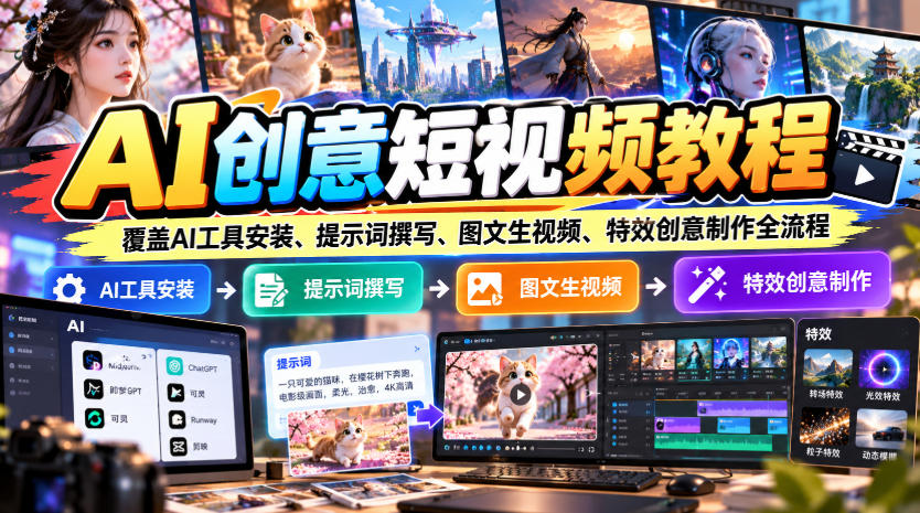 bbee946361b71e6e73c54a98ccffffc6.jpeg AI创意短视频教程,覆盖AI工具安装、提示词撰写、图文生视频、特效创意制作全流程