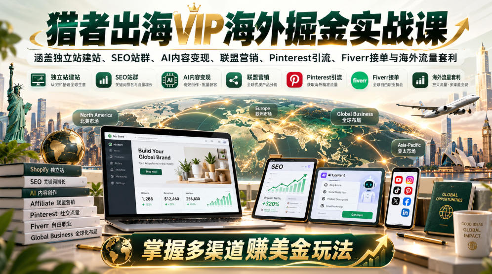 cb14ceacd0f4dd714ced9c3296080559.jpeg 猎者出海VIP海外掘金实战课:涵盖独立站、SEO站群、AI变现、联盟营销、Pinterest引流、Fiverr接单与海外流量套利,掌握多渠道賺美金玩法