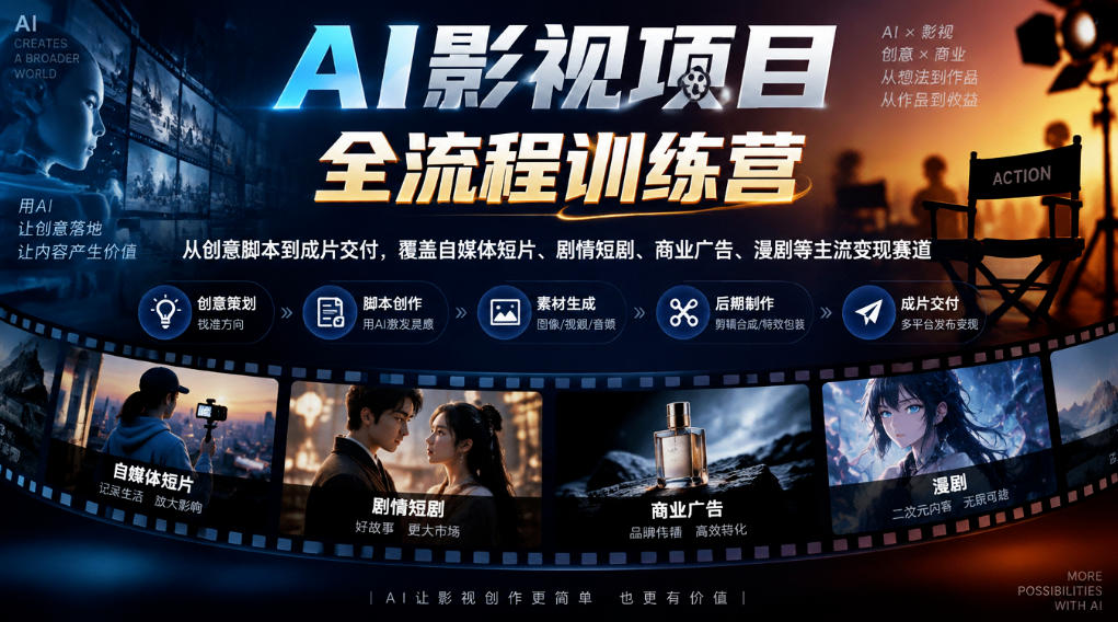 AI影视项目全流程训练营，从创意脚本到成片交付，覆盖自媒体短片、剧情短剧、商业广告、漫剧等主流变现赛道网赚项目-副业赚钱-互联网创业-资源整合老八网赚资源