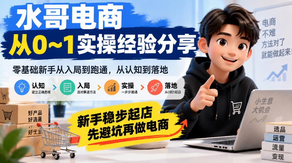 水哥电商从0~1实操经验分享，​零基础新手从入局到跑通，从认知到落地，新手稳步起店，先避坑再做电商网赚项目-副业赚钱-互联网创业-资源整合老八网赚资源