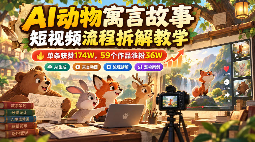 AI动物寓言故事短视频流程拆解教学，单条获赞174W，59个作品涨粉36W网赚项目-副业赚钱-互联网创业-资源整合老八网赚资源
