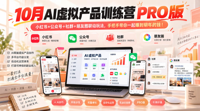 10月AI虚拟产品训练营PRO版，小红书+公众号+社群+朋友圈联动玩法，手把手带你一起赚到明年的钱！(更新1029)网赚项目-副业赚钱-互联网创业-资源整合老八网赚资源