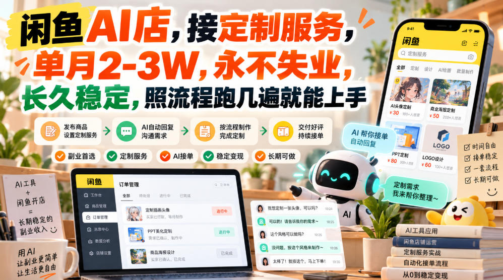 闲鱼AI店，接定制服务，单月2-3W，永不失业，长久稳定，照流程跑几遍就能上手网赚项目-副业赚钱-互联网创业-资源整合老八网赚资源