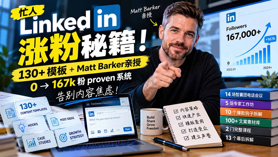 【无水印】忙人LinkedI 涨粉秘籍！130+模板+Matt Barker亲授：0→167k粉proven系统，告别内容焦虑【原创双语字幕】网赚项目-副业赚钱-互联网创业-资源整合老八网赚资源