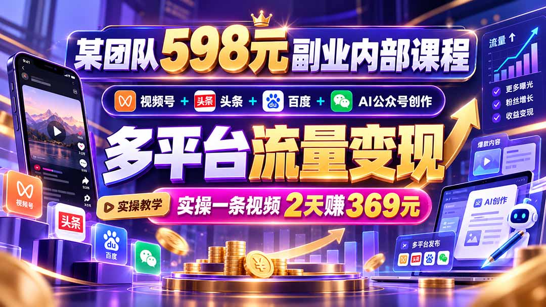 某团队598元副业内部课程：视频号+头条+百度+AI公众号创作、多平台流量变现，实操一条视频2天赚369元网赚项目-副业赚钱-互联网创业-资源整合老八网赚资源