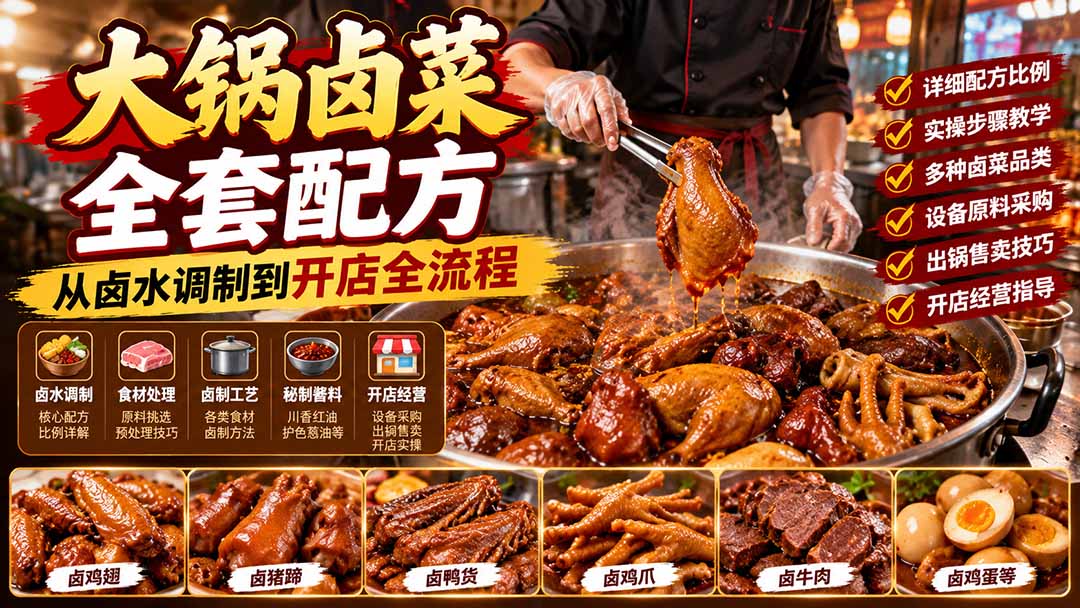 大锅卤菜全套配方，从卤水调制到开店全流程，感觉学会了去摆摊也不错网赚项目-副业赚钱-互联网创业-资源整合老八网赚资源