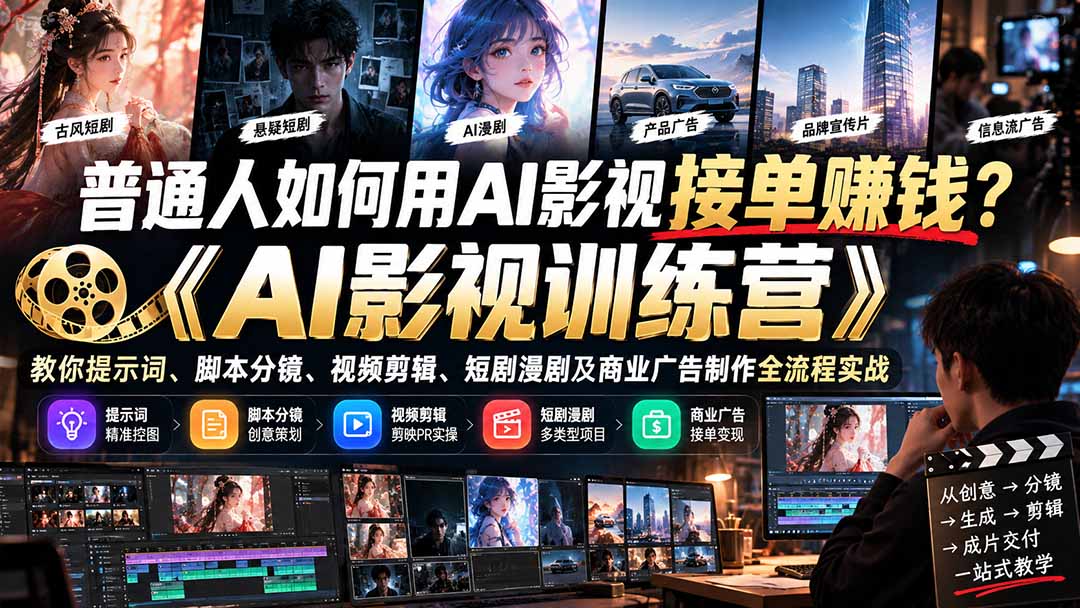 普通人如何用AI影视接单赚钱？《AI影视训练营》教你提示词、脚本分镜、视频剪辑、短剧漫剧及商业广告制作全流程实战网赚项目-副业赚钱-互联网创业-资源整合老八网赚资源