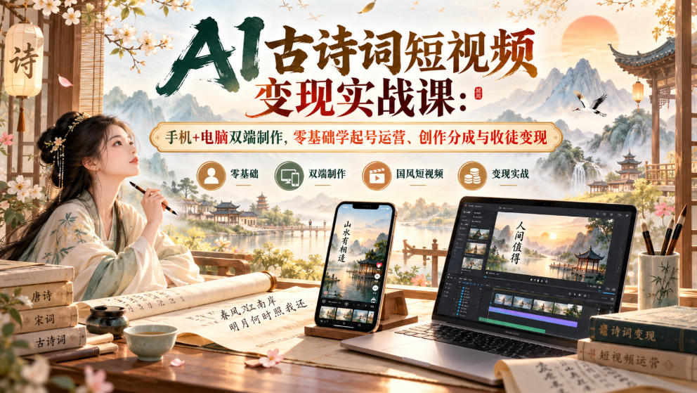 AI古诗词短视频变现实战课：手机+电脑双端制作，零基础学起号运营、创作分成与收徒变现网赚项目-副业赚钱-互联网创业-资源整合老八网赚资源