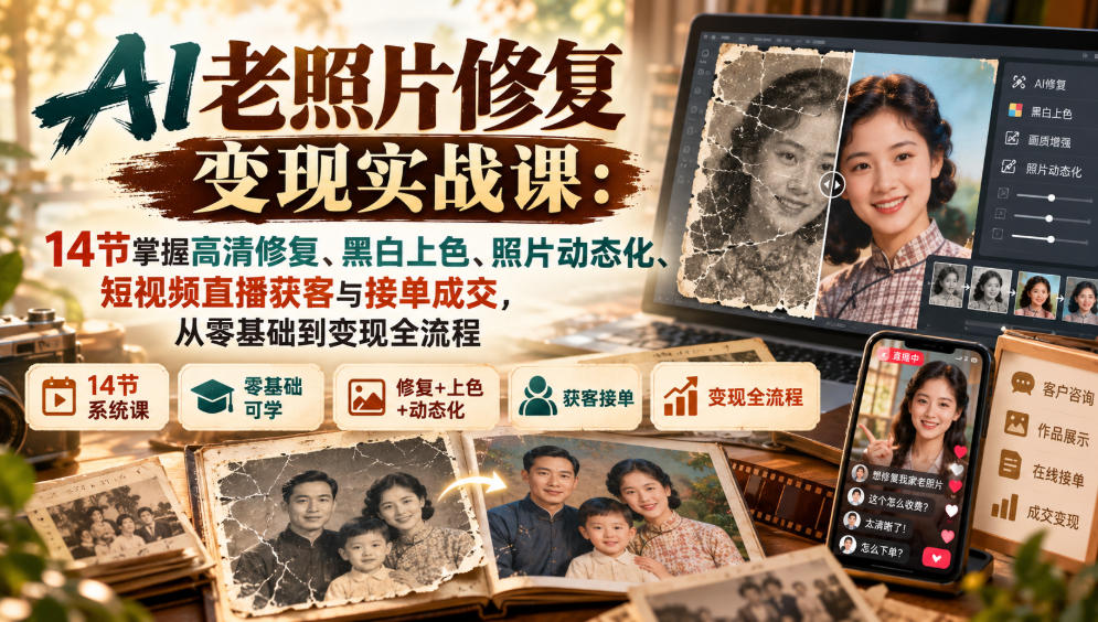 AI老照片修复变现实战课：14节掌握高清修复、黑白上色、照片动态化、短视频直播获客与接单成交，从零基础到变现全流程网赚项目-副业赚钱-互联网创业-资源整合老八网赚资源