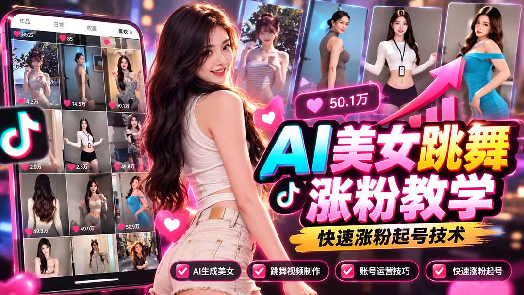 AI美女跳舞涨粉教学，AI生成美女，跳舞视频制作，账号运营与快速起号涨粉网赚项目-副业赚钱-互联网创业-资源整合老八网赚资源