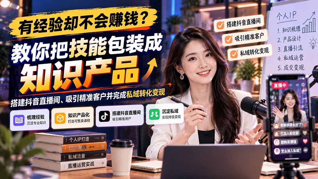 有经验却不会赚钱？教你把技能包装成知识产品，搭建抖音直播间、吸引精准客户并完成私域转化变现网赚项目-副业赚钱-互联网创业-资源整合老八网赚资源